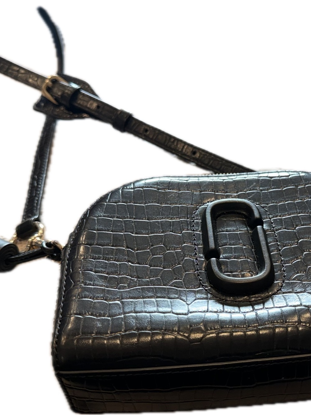 Marc Jacobs Black Croc-Embossed Compact Crossbody with Signature Hardware